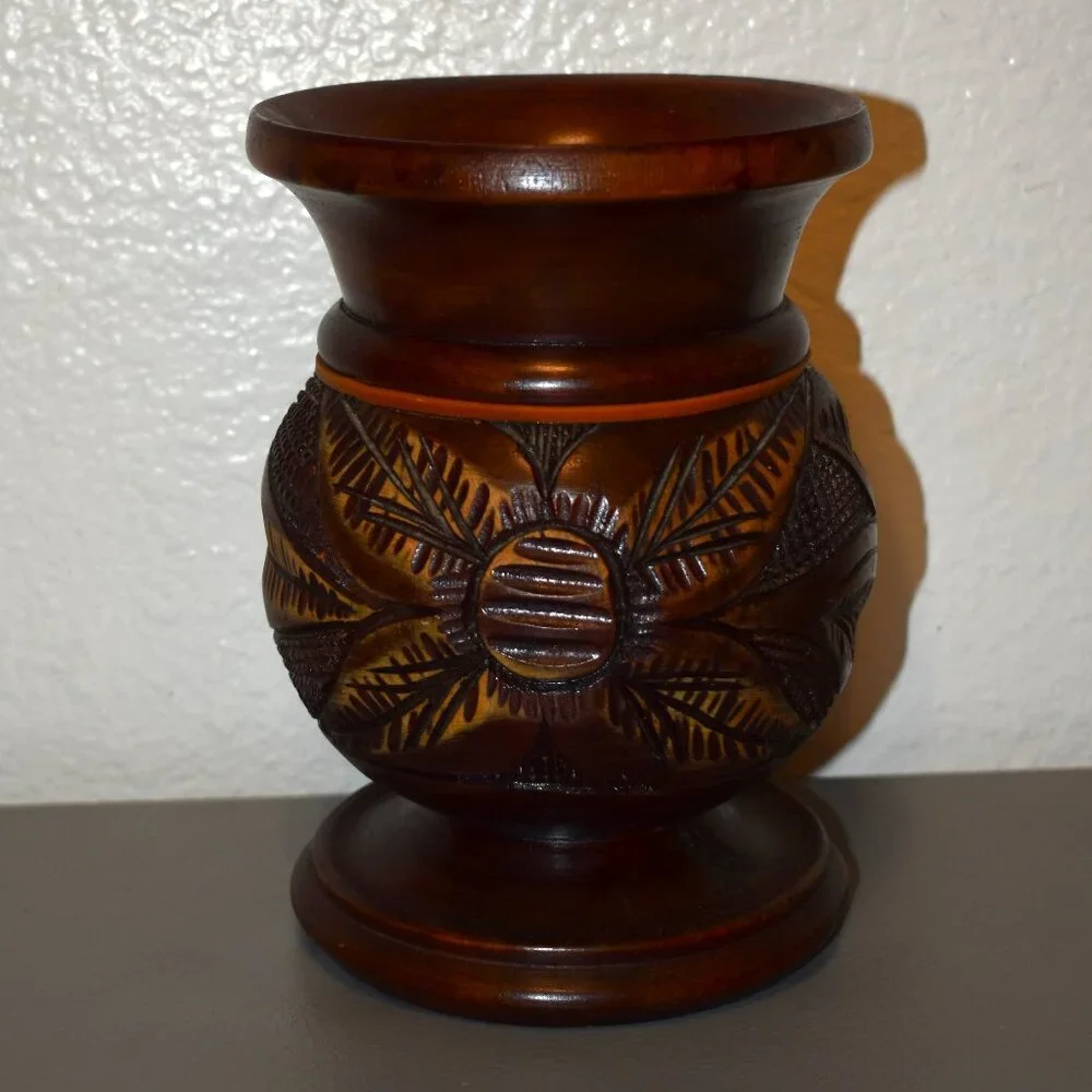 Unbranded Hand Carved Wooden Vase Home Decor Brown Excellent‎ Etched Floral Boho